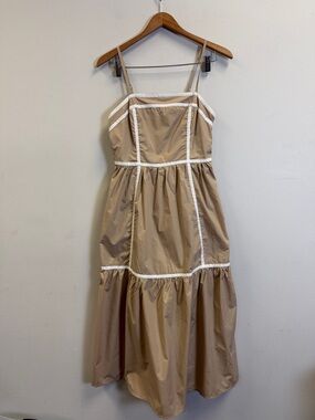 No Brand Beige Spaghetti-Strap Tiered Midi Dress with White Piping
